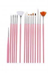 Lady red line Protez Tırnak Kalıcı Oje Nail Art Çok Amaçlı Fırça Seti[15li] Pembe Renkli - 1