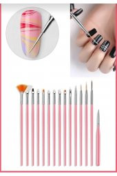 Lady red line Protez Tırnak Kalıcı Oje Nail Art Çok Amaçlı Fırça Seti[15li] Pembe Renkli - 3