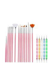 Lady red line Protez Tırnak Kalıcı Oje Süsleme 15li Çok Amaçlı Fırça Set Dots Kalemli 2li Set Pembe - 1