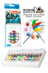 Akrilik Boya Mikro 12 Renk 9 Ml Tüp 1 Paket 12 Li Akrilik Boya Seti ve Yuvarlak Resim Paleti Fırçalı 1 Paket 10 Hazneli Boya Paleti Sanatsal Boyalar İçin Palet Akrilik Boya - 1