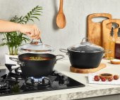 Amboss Dark Granit Derin Tencere Cam Kapaklı Yanmaz Yapışmaz Titanyum Kaplama   - 24 cm - 1