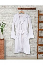Ephemeris Pamuk Kapüşonlu Unisex Bornoz - Lara Beyaz L/XL - 1