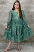 Kız Çocuk Kolları Transparan Yakası İnci Boncuklu Etek Ucu Fırfırlı Yeşil Abiye thumbnail 1