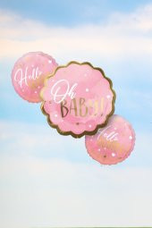 Baby Shower Kız Bebek Parti Balonu Oh Baby Hello World Yazılı Pembe Folyo Balon Seti - 1