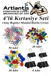 4 lü Kırtasiye Seti Mandal Raptiye Ataç Harita Çivisi 1 Paket Metal Kıskaç Klips Okul Ofis Büro Seti - 1