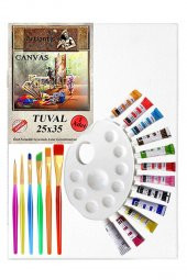 Yağlı Boya Hobi Boyama Seti 1 Paket 25x35 cm Tuval 12 li Yağlı Boya Tüp Resim Paleti Fırça Seti 6 lı - 1