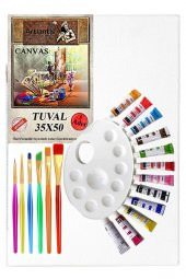Akrilik Boya Hobi Boyama Seti 1 Paket 35x50 cm Tuval 12 li Akrilik Boya Tüp Resim Paleti Fırça Seti 6 lı - 1