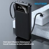 Neutron 10.000 Mah Kablolu Dijital Göstergeli El Feneri Özellikli Powerbank - Siyah - NTL-PB-13N4 - 4