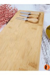 4 Parça Bambu Peynir Sunum Tahtası ve Çatal - Spatula - Bıçak Seti, Peynir Kesim Panosu, Sunum Seti - 2