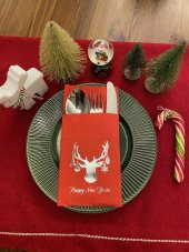 Gümüş Kırmızı Cepli Aır Touch Yılbaşı Geyik Modeli Peçete 12 Adet 40x40 thumbnail 1