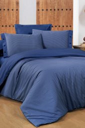 New Fancy Stripe Lacivert Çift Kişilik 100 Pamuk Çizgili Nevresim Takımı - 1