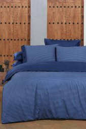 New Fancy Stripe Lacivert Çift Kişilik 100 Pamuk Çizgili Nevresim Takımı - 3