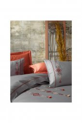 Nakışlı Pamuk Saten Çift Kişilik Nevresim Takımı Tilbe Antrasit - 3