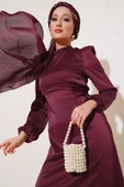 Yanları İp Detaylı Saten Elbise Bordo thumbnail 2