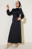 Yanları İp Detaylı Saten Elbise Siyah - 1