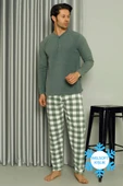 Düğme Yakalı Doğalgaz Faturası Düşüren Erkek Pijama Takımı Haki thumbnail 1