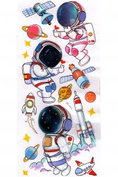Duvar Sticker Kabartmalı 3 Boyutlu Sticker, 3d Duvar Stiker (HX003) 55x25 cm - Astronot Uçak - 1