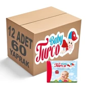 Baby Turco Islak Havlu Mendil Klasik (12 li Set) 60 Yaprak Plastik Kapaklı (4PK*3) - 1