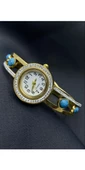 Gold Renk Çelik Taşlı Saat Kadın Cartier Kelepçe Bileklik - 1
