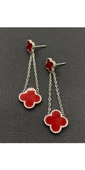 Gümüş KIrmızı Renk Van Cleef  Sallantılı Çelik Küpe - 1