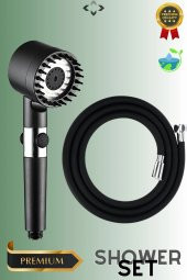 Black Shower Set Basınçlı Filtreli 3 Kademeli Turbo Duş Başlığı 150 cm Duş Hortumu Kendinde - 1