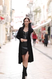 KADIN ŞAL YAKA OVERSİZE KALIP SİYAH HIRKA - 6078-3 thumbnail 1