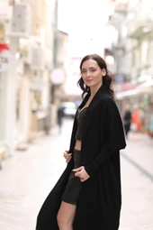 KADIN ŞAL YAKA OVERSİZE KALIP SİYAH HIRKA - 6078-3 thumbnail 6