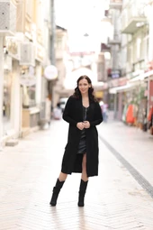 KADIN ŞAL YAKA OVERSİZE KALIP SİYAH HIRKA - 6078-3 thumbnail 3