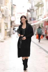 KADIN ŞAL YAKA OVERSİZE KALIP SİYAH HIRKA - 6078-3 thumbnail 4