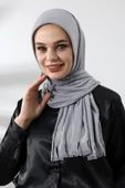 Gri Tesettür Hazır Pratik Fitilli Pamuklu Şal - 1
