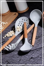 Hazarpazar Bambu Saplı Silikon Kaşık & Kepçe & Kevgir & Spagetti 4lü Set - Füme - 1