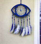 Lacivert Nazar Boncuklu Kuş Tüylü Göz Modelli Duvar Süsü thumbnail 1