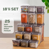 Porsima 433-GR-6 18 Li Kare Etiketli Gıda Erzak Baharat Saklama Kabı Seti 6x(0.60+1.30+1.90) Lt Gri - 1