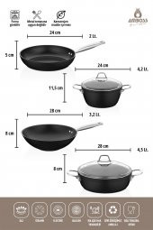 Amboss Dark 6 Parça 28 cm Wok Tavalı, Tencere Seti - Cam Kapaklı - 1