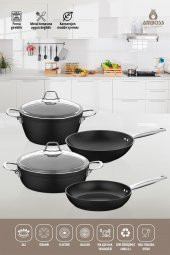 Amboss Dark 6 Parça 28 cm Wok Tavalı, Tencere Seti - Cam Kapaklı - 7