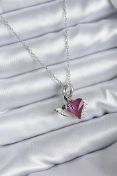 316L Çelik Zincir Gümüş Renk Kristaş Kalp Model Kuru Kafa Kelebek Zirkon Taş Detay Kadın Kolye thumbnail 1