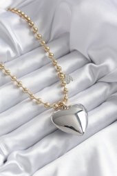 Pirinç Gold Renk Topçuk Zincir Gümüş 3D Kalp Model VİP Kadın Kolye thumbnail 1