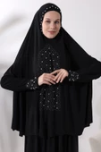 İki Parça İncili Taşlı Alt Üst Pratik Namaz Elbisesi 8017 Siyah - 4