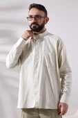 Krem Erkek Bol Kesim Tek Cepli Hakim Yaka Hac ve Umre Keten Gömlek - 6