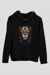Aslan Baskılı Unisex Siyah Hoodie - 1