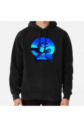 Blue Retro Sunset Anime Girl with blue hair vintage 80s Baskılı Kapşonlu Sweatshirt Hoodie - 1