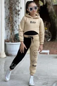 Kız Çocuk Kapüşonlu 3 İplik Baby Baskılı Bej Eşofman Takım thumbnail 1