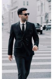 Süvari Dar Kesim Çizgili Siyah Kruvaze Takım Elbise - 1