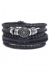 Erkek Deri Bileklik 4 Lü Hayat Ağacı Yaprak Ahşap Boncuk Bilezik Siyah Erkek Takı thumbnail 1