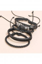 Erkek Deri Bileklik 4 Lü Hayat Ağacı Yaprak Ahşap Boncuk Bilezik Siyah Erkek Takı thumbnail 4