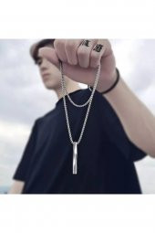 2023 Moda Yeni Siyah Kolye Erkek Moda Basit Paslanmaz Çelik Zincir Erkek Kolye Takı thumbnail 1