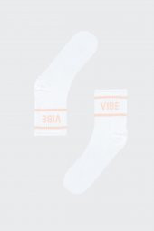 Beyaz Vibe Slogan Baskılı Soket Çorap - 1