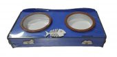 Patte Balıklı Güveç Kaseli Ahşap İkili Mama Standı 36*15*6 Cm MAVİ - 1