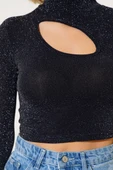 Pencere Dekolteli Simli Bluz Siyah thumbnail 4