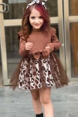 Kız Çocuk Leopar Desenli Tül Detaylı Kahverengi Elbise - 6